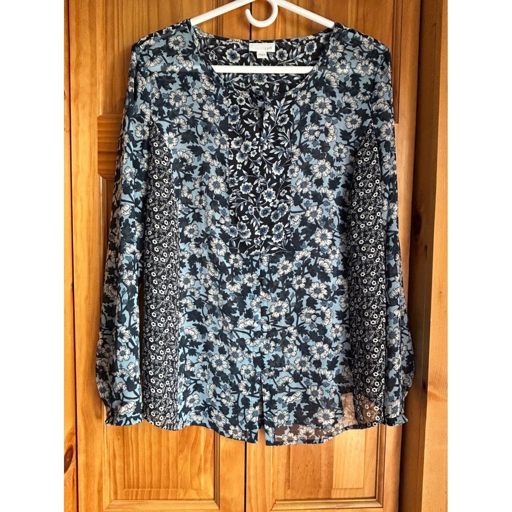 J.Jill Navy Semi-Sheer Mixed Print Blouse Womens Medium‎ Balloon Sleeve Top
